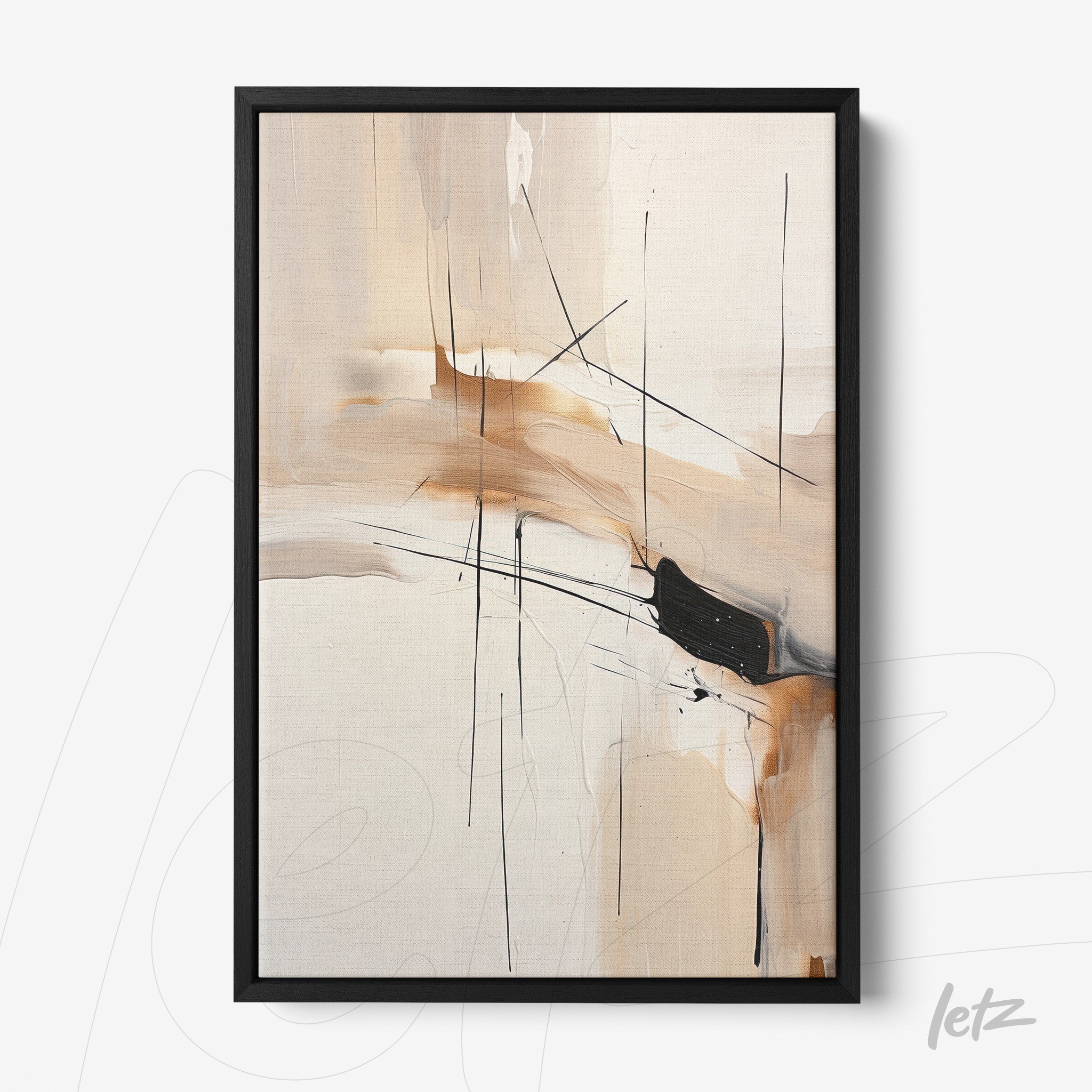 quadro com arte abstrata em tons de bege e preto em moldura preta