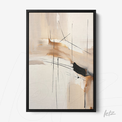 quadro com arte abstrata em tons de bege e preto em moldura preta