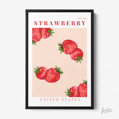 quadro com ilustração de morangos sobre fundo rosa em moldura preta