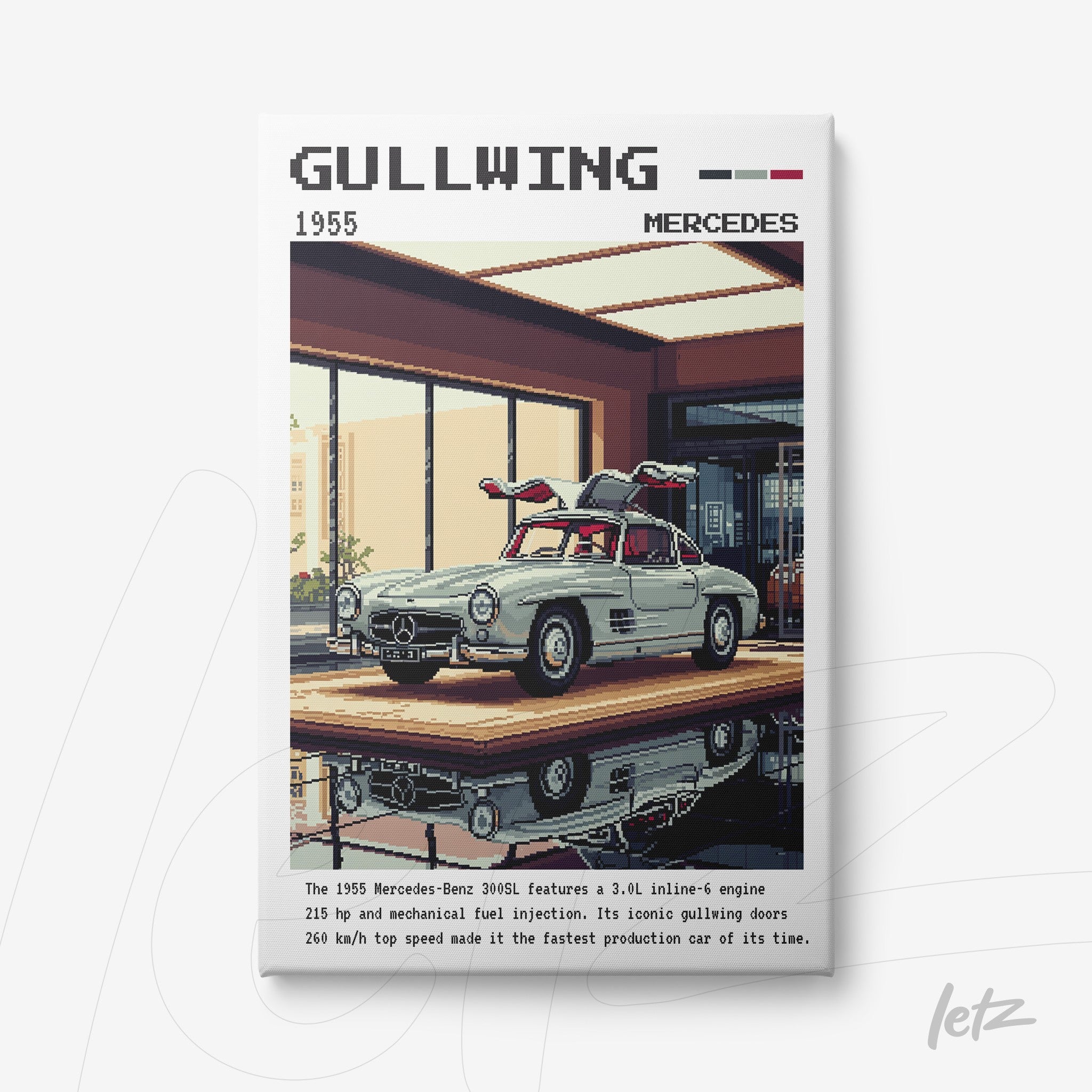 quadro em canvas com ilustração pixelada do carro Mercedes-Benz 300SL Gullwing de 1955 posicionado em uma sala com janelas grandes
