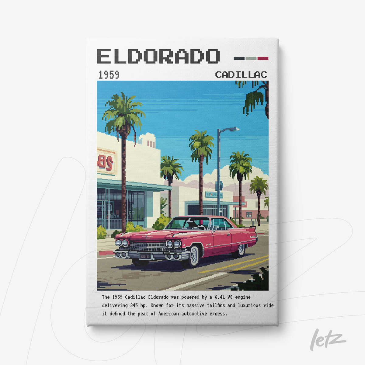 quadro com arte digital retrô de um Cadillac Eldorado de 1959 estacionado em um cenário urbano com palmeiras