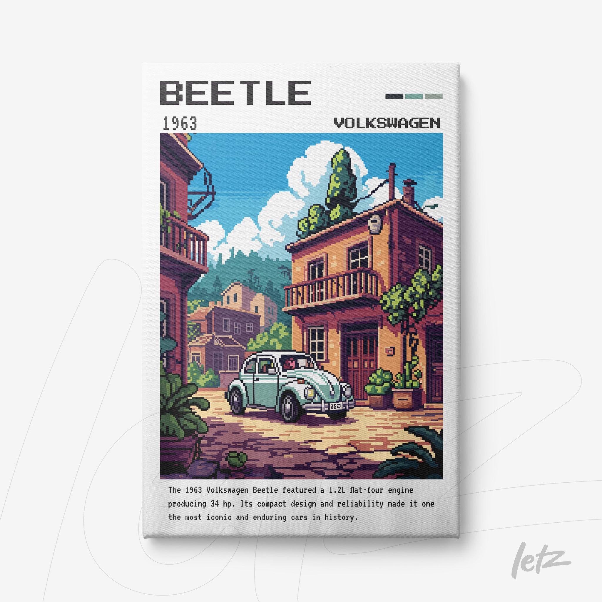quadro com arte digital retrô do carro Volkswagen Beetle de 1963, exibido com moldura branca e fundo de cena urbana colorida
