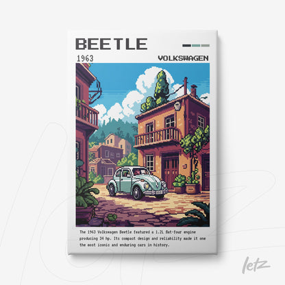 quadro com arte digital retrô do carro Volkswagen Beetle de 1963, exibido com moldura branca e fundo de cena urbana colorida