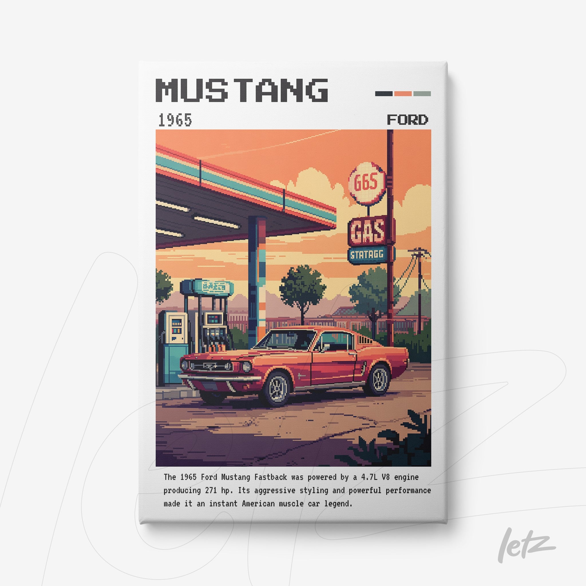 quadro com arte pixelada de um carro Ford Mustang 1965 estacionado em um posto de gasolina, com fundo em tons quentes e detalhes em pixel art