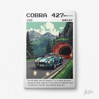quadro com arte retro do carro Shelby Cobra 427 em estrada com montanhas ao fundo