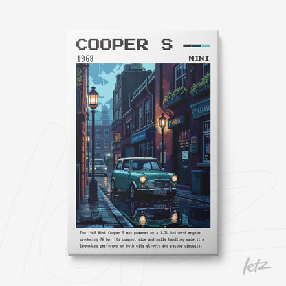 quadro com arte em estilo pixel art retratando um carro Mini Cooper S de 1968, com fundo de rua urbana iluminada por lampiões