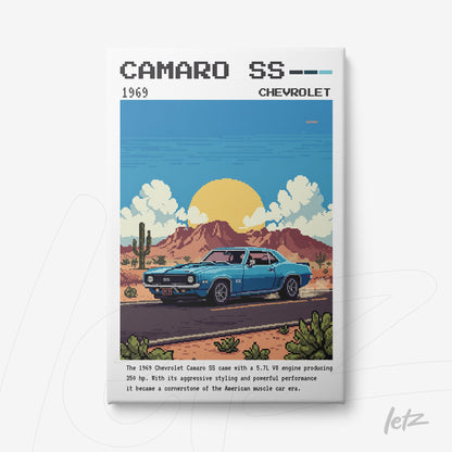 quadro com arte digital de um Chevrolet Camaro SS 1969, em estilo pixel art, com fundo desértico e sol poente