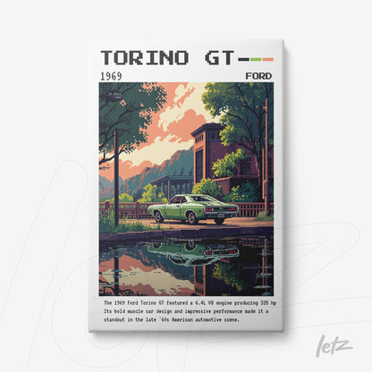 quadro em canvas com arte digital do carro Ford Torino GT de 1969, imagem retrô com vegetação ao fundo e reflexo na água