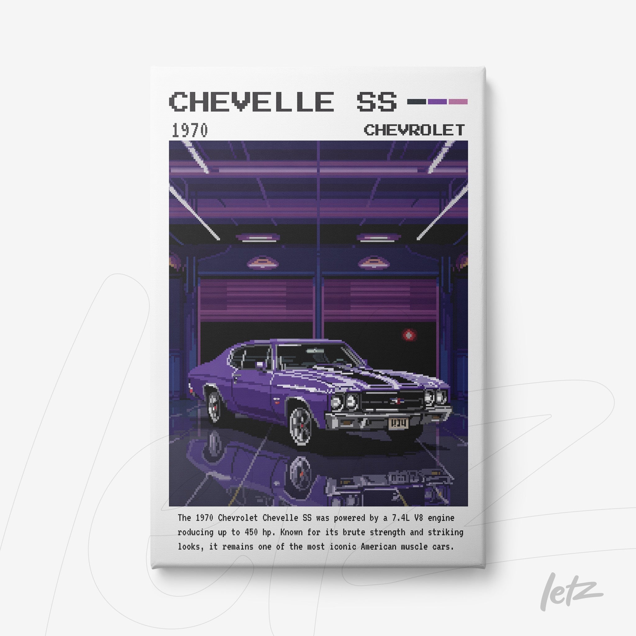 quadro em estilo pixel art de um Chevelle SS 1970 em fundo de garagem escura, destacando o veículo roxo e detalhes retro