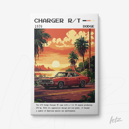 quadro com arte retrô de um carro Dodge Charger R/T 1970 em uma cena tropical com palmeiras
