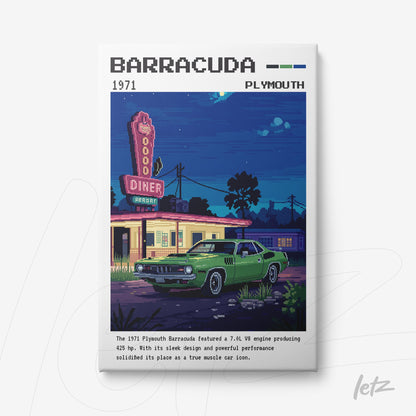 quadro com arte retrô de um Plymouth Barracuda em frente a um diner, com cores vibrantes e detalhes pixelados