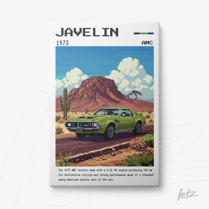 quadro com arte retro de um carro AMC Javelin verde em um cenário desértico com montanhas ao fundo