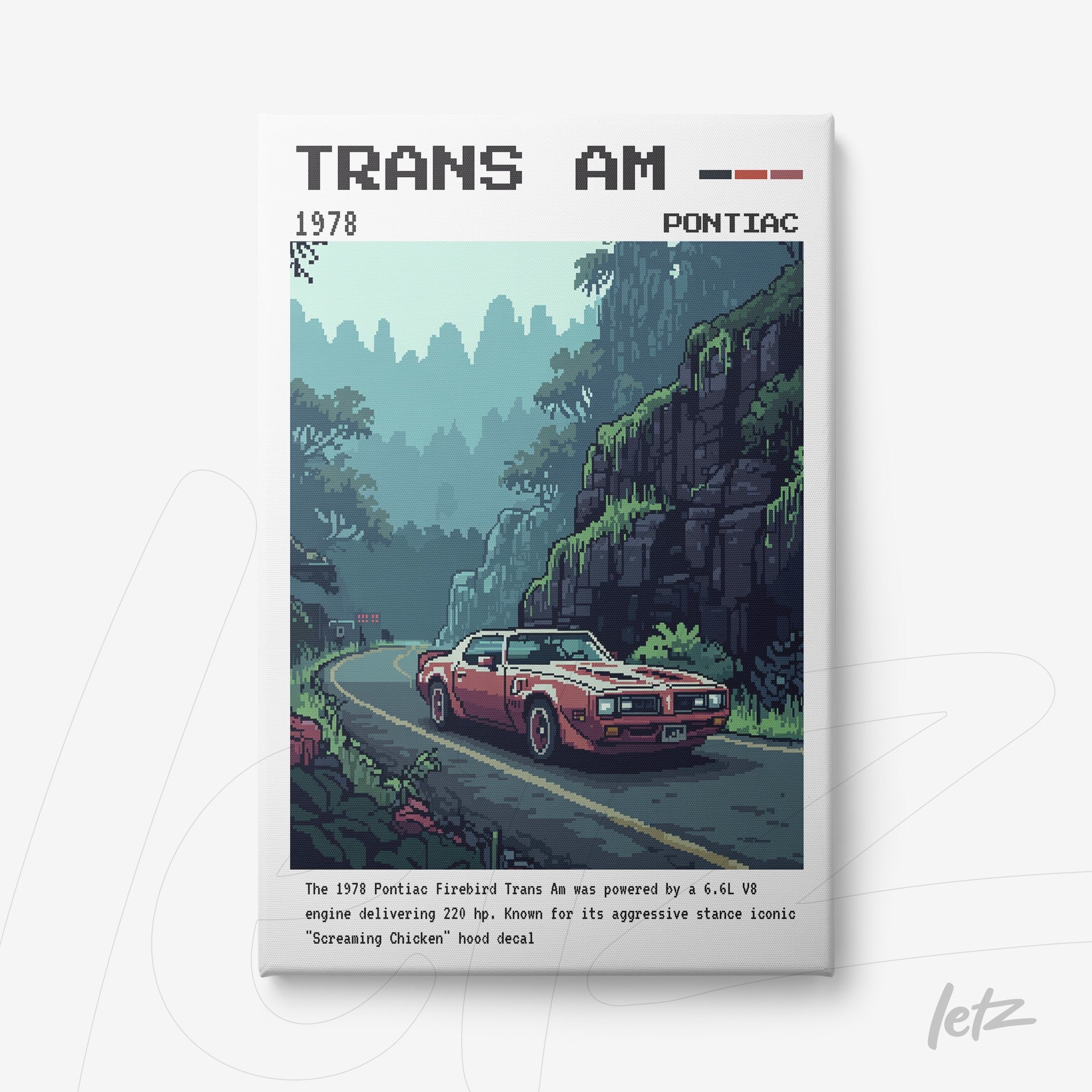 quadro com arte digital do carro Pontiac Trans Am de 1978 em estrada montanhosa