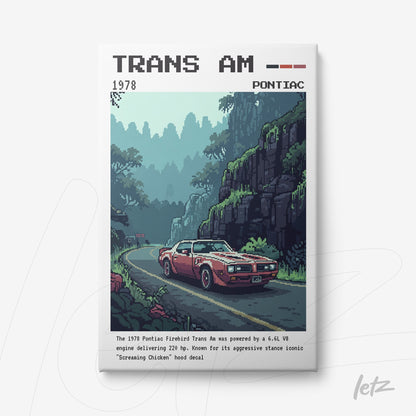 quadro com arte digital do carro Pontiac Trans Am de 1978 em estrada montanhosa