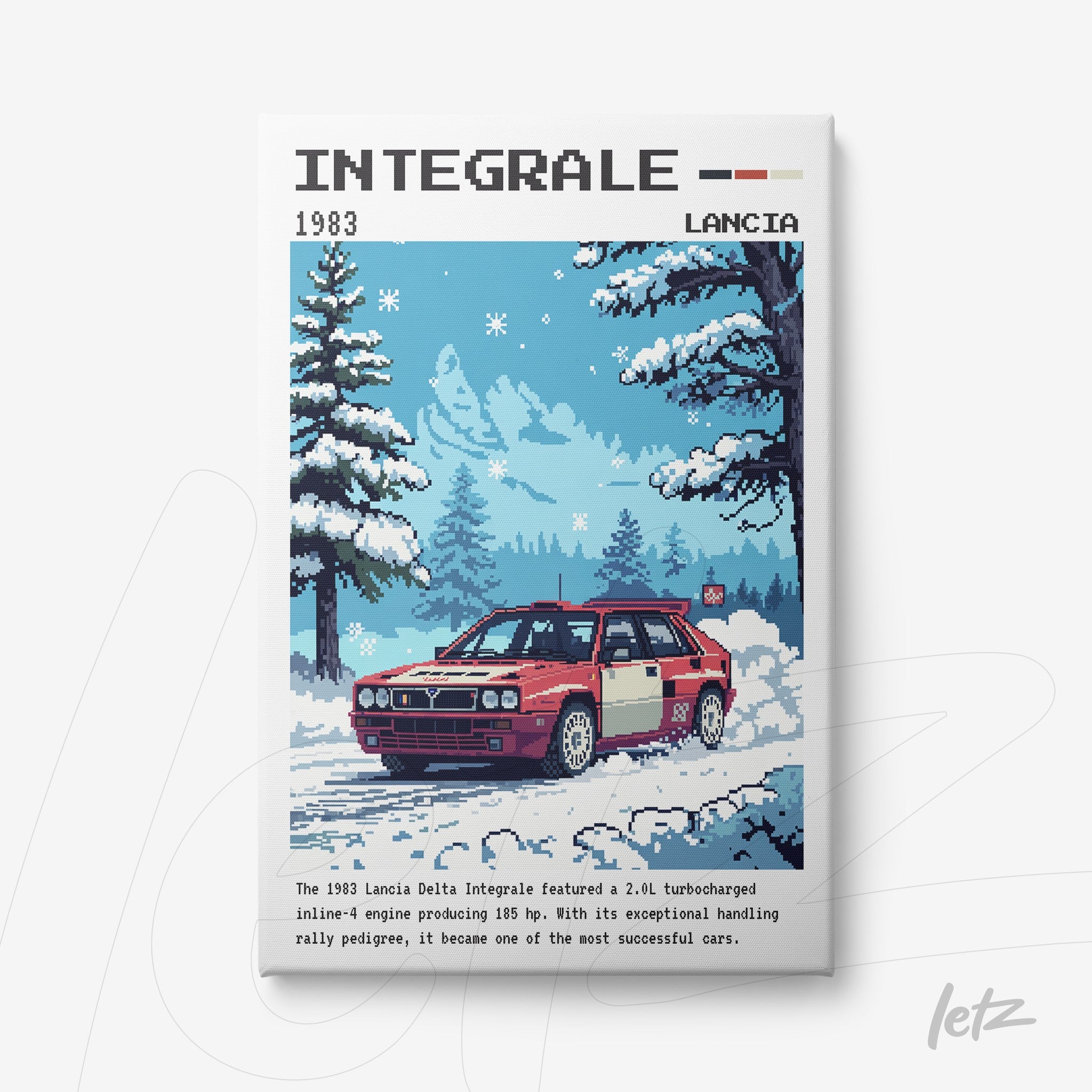 quadro em canvas ilustrando um carro Lancia Delta Integrale em estilo pixel art, cercado por árvores e neve