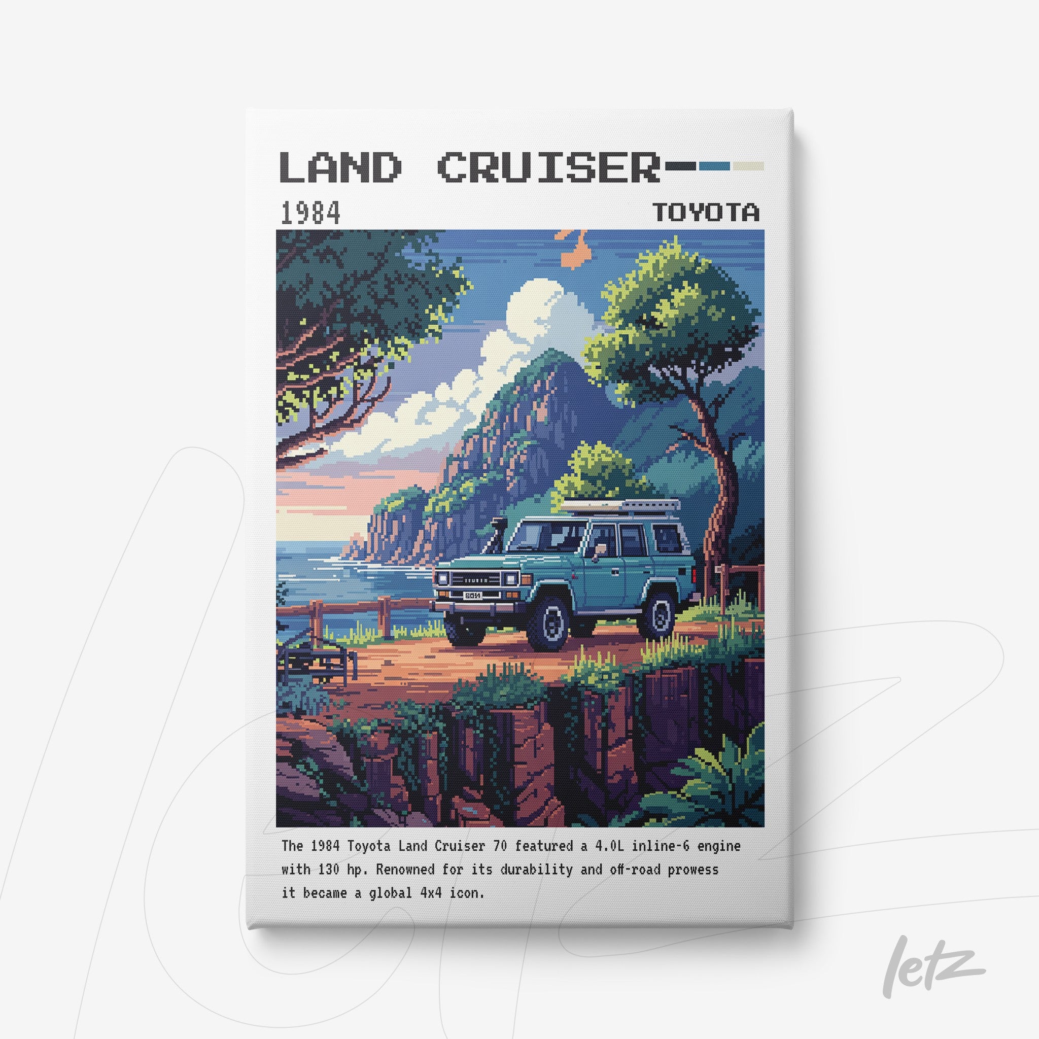 quadro com arte pixelada de um carro Toyota Land Cruiser 1984 em uma paisagem costeira, retratando montanhas e mar ao fundo