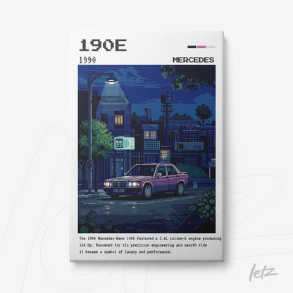 quadro com arte digital em pixel art de um carro Mercedes-Benz 190E em um cenário noturno com iluminação azul