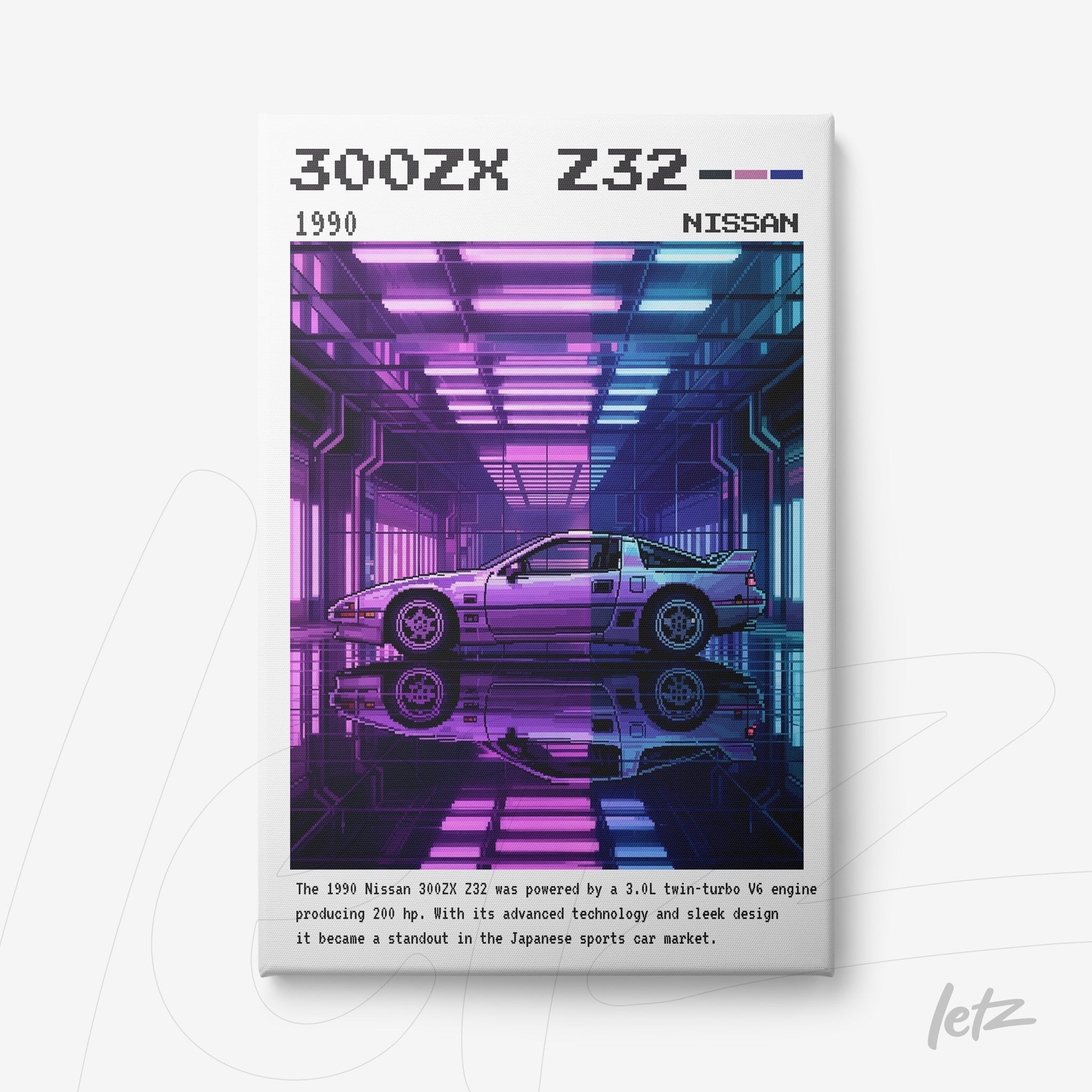 quadro em canvas com arte futurista do carro Nissan 300ZX Z32 em um ambiente neon