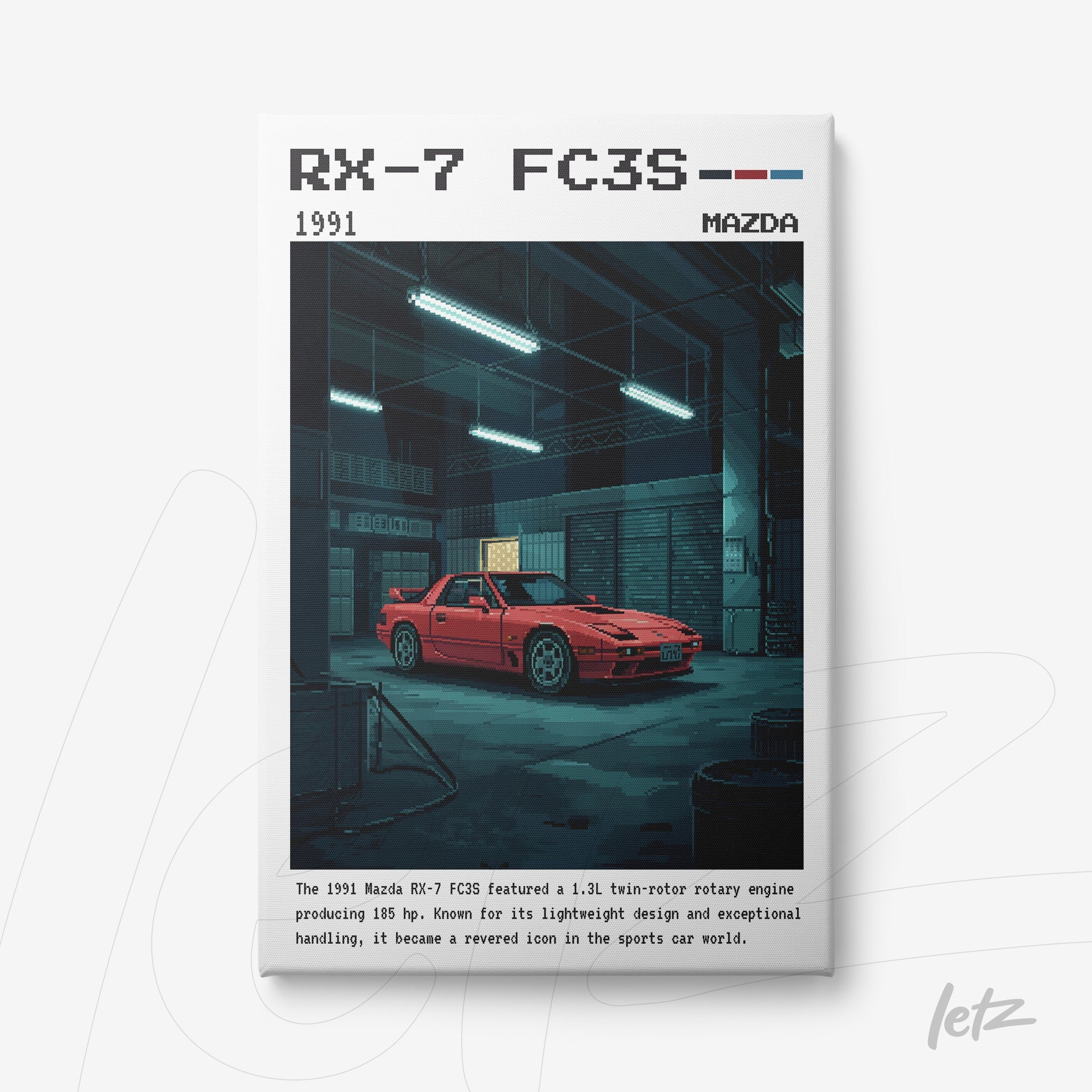 quadro com arte em estilo pixel art de um carro Mazda RX-7 FC3S de 1991 em um ambiente de garagem