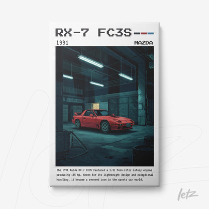 quadro com arte em estilo pixel art de um carro Mazda RX-7 FC3S de 1991 em um ambiente de garagem