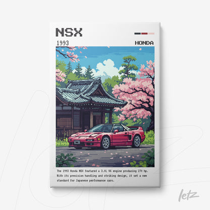 quadro em canvas com ilustração pixelada de um Honda NSX vermelho em frente a um templo japonês rodeado por flores de cerejeira