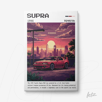 quadro com arte digital no estilo pixel art de um carro Toyota Supra 1994 em um pôr do sol urbano