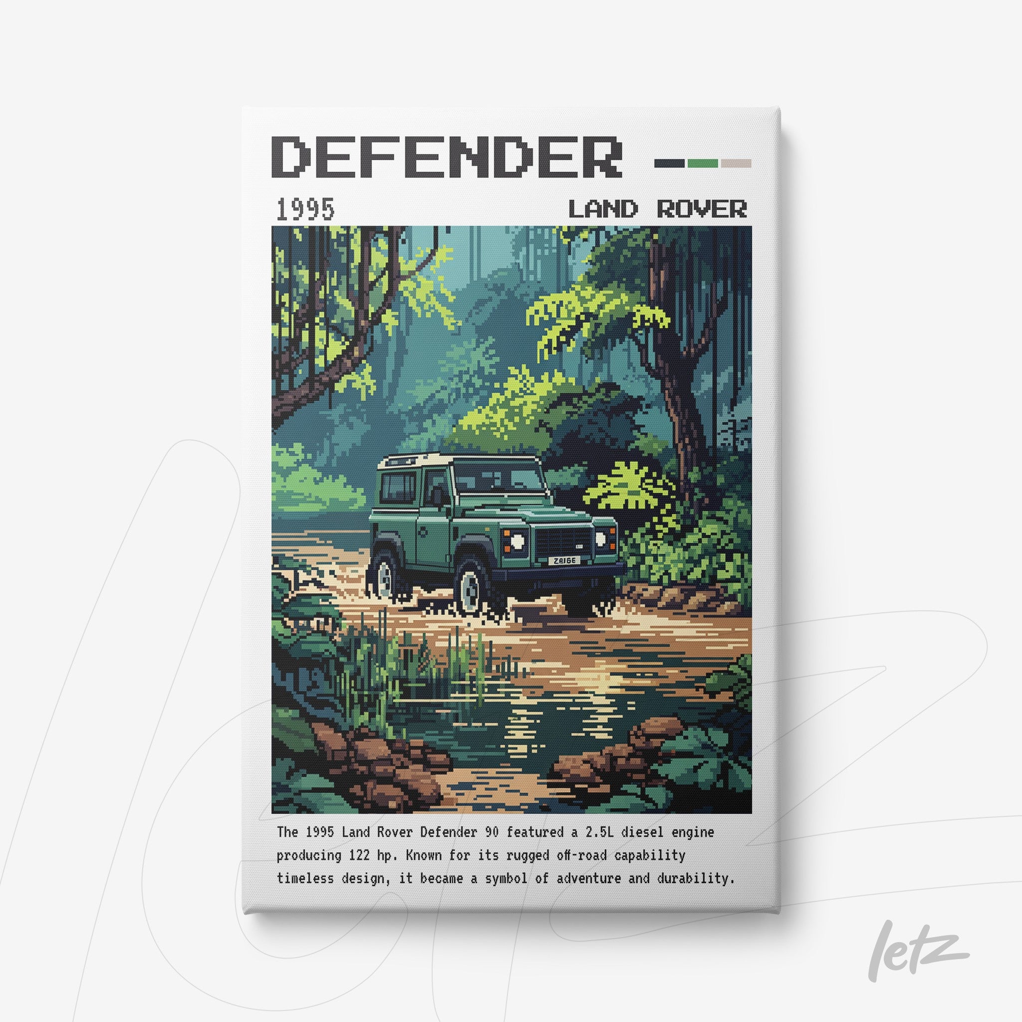 quadro em estilo pixel art do Land Rover Defender 1995 em um ambiente natural, com vegetação densa e reflexo na água