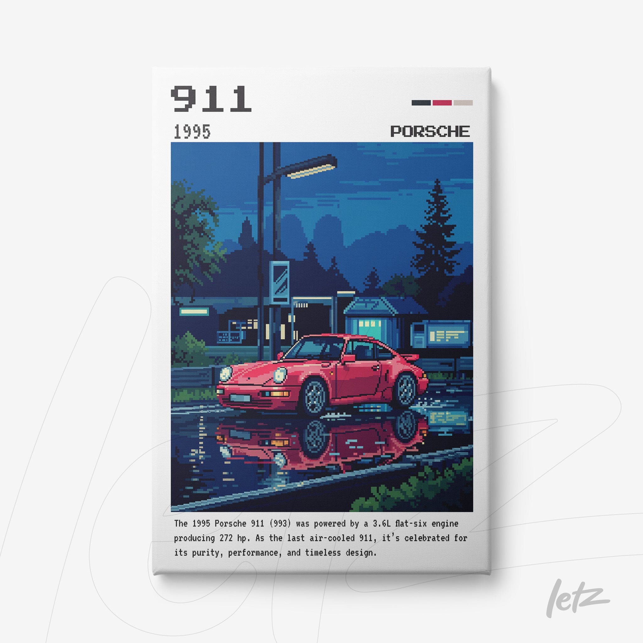 quadro com arte pixelada de um carro Porsche 911 vermelho de 1995, exibido em fundo noturno com reflexos na água