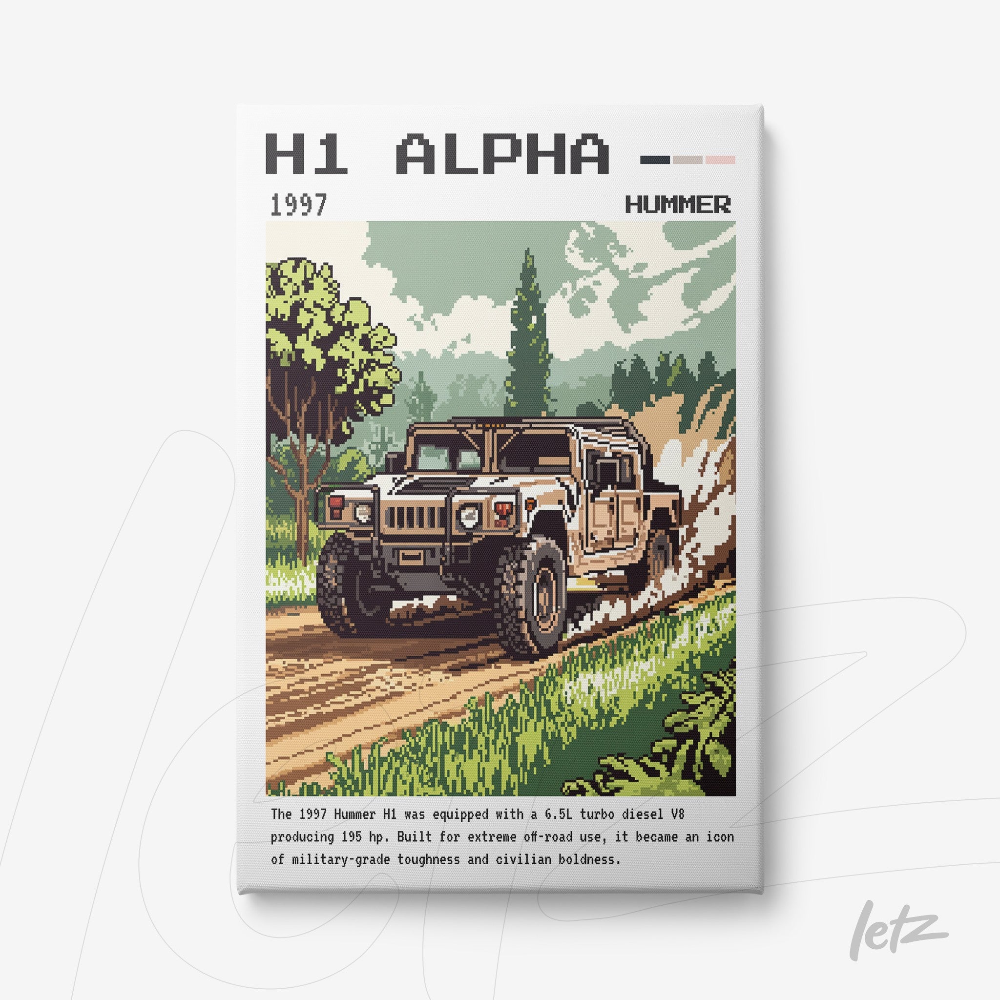 quadro com arte retrô do Hummer H1 em um cenário natural, com árvores verdes ao fundo e a viatura em movimento