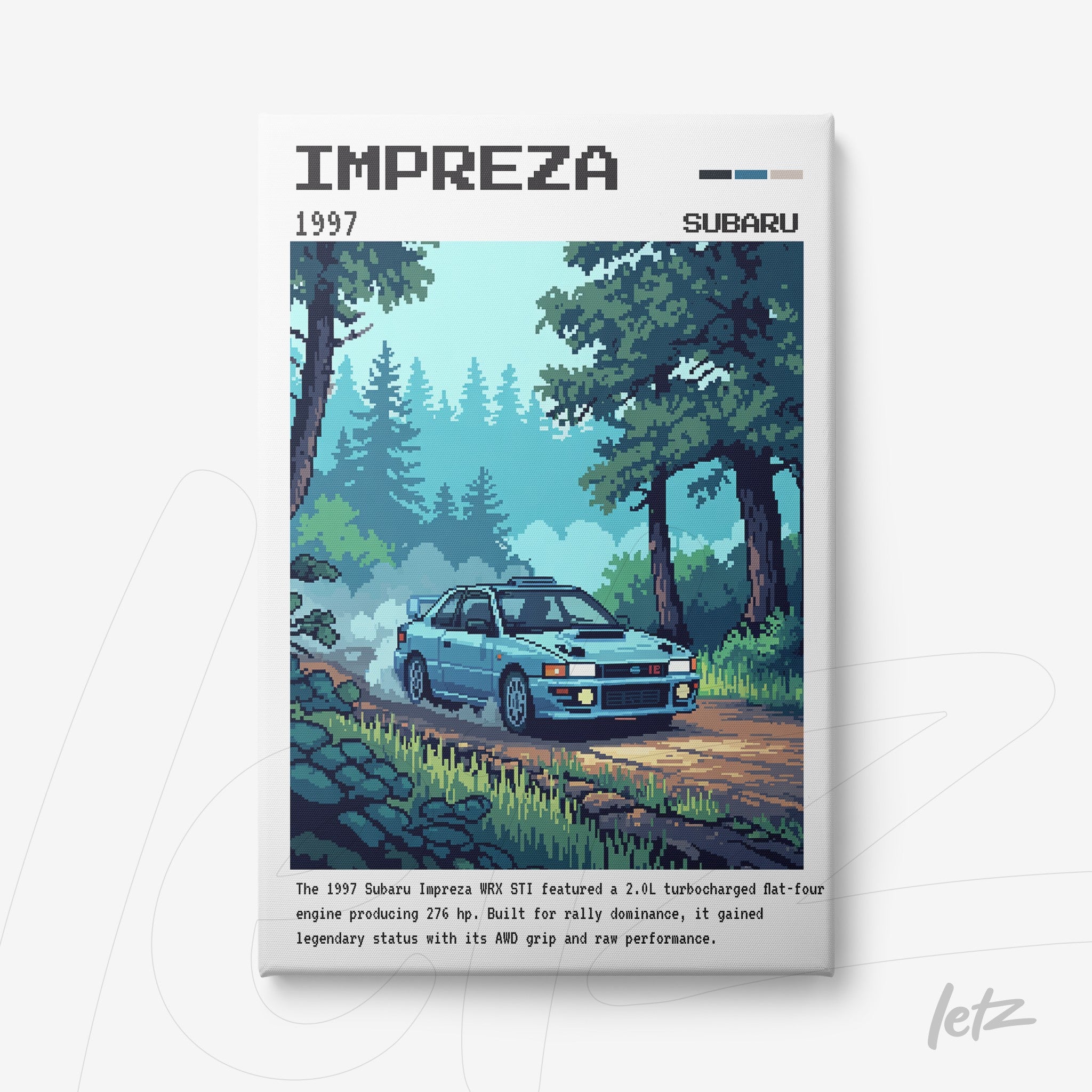 quadro com arte digital do carro Subaru Impreza WRX STI em uma estrada ladeada por árvores