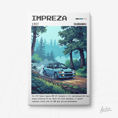 quadro com arte digital do carro Subaru Impreza WRX STI em uma estrada ladeada por árvores