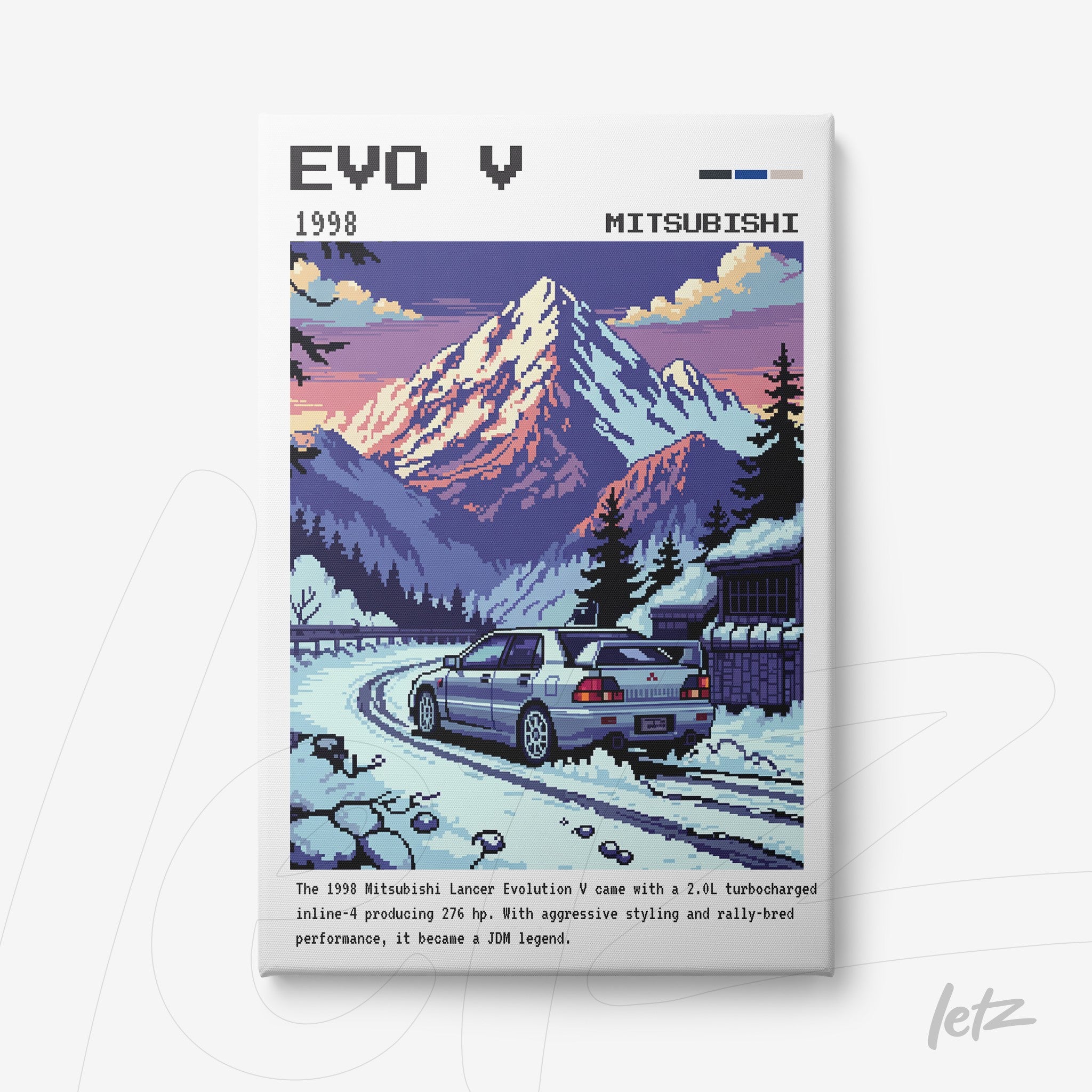 quadro com arte pixelada do Mitsubishi Lancer Evolution V em cenário montanhoso ao pôr do sol, moldura branca