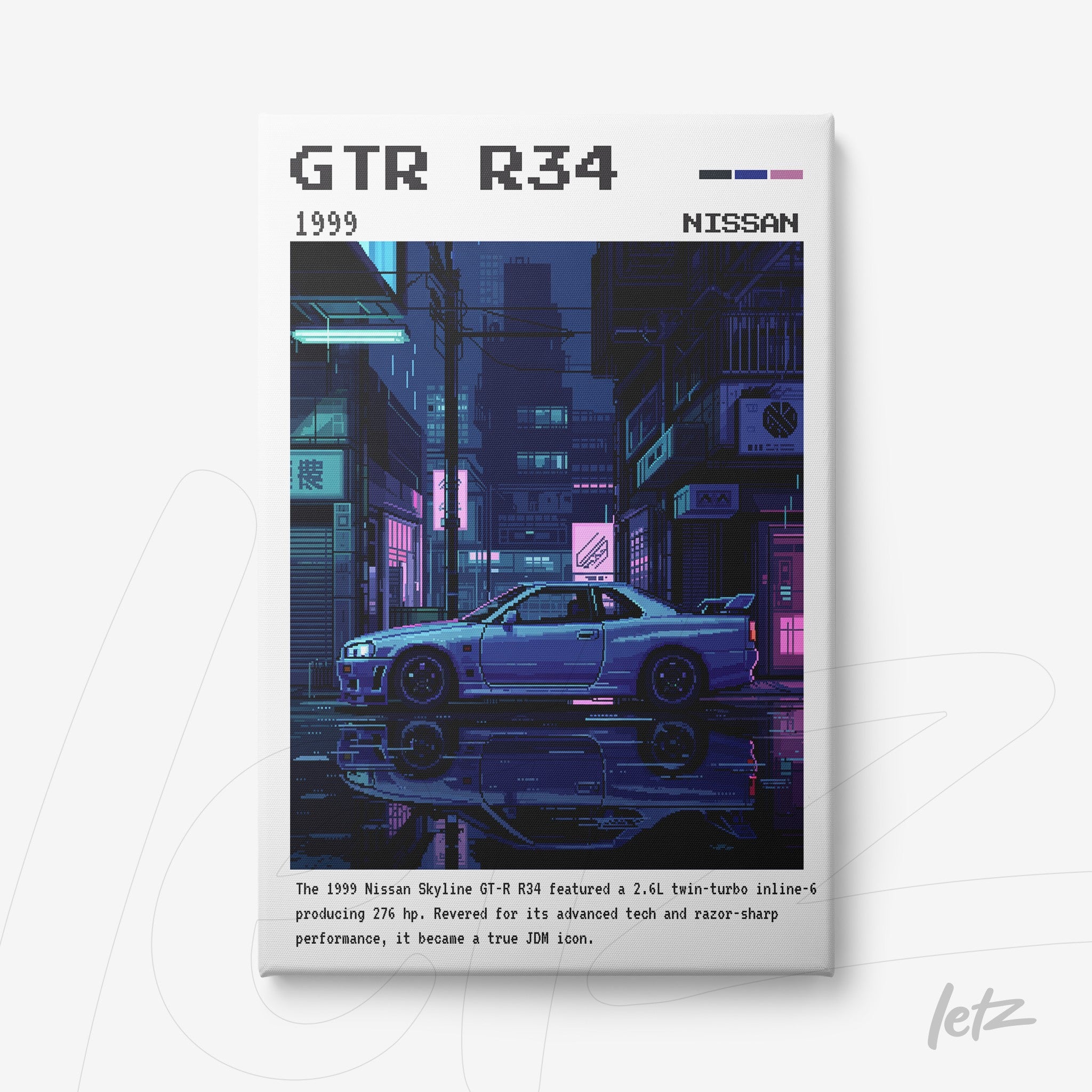 quadro digital com ilustração pixelada do carro Nissan Skyline GTR R34, em fundo urbano noturno com luzes de neon