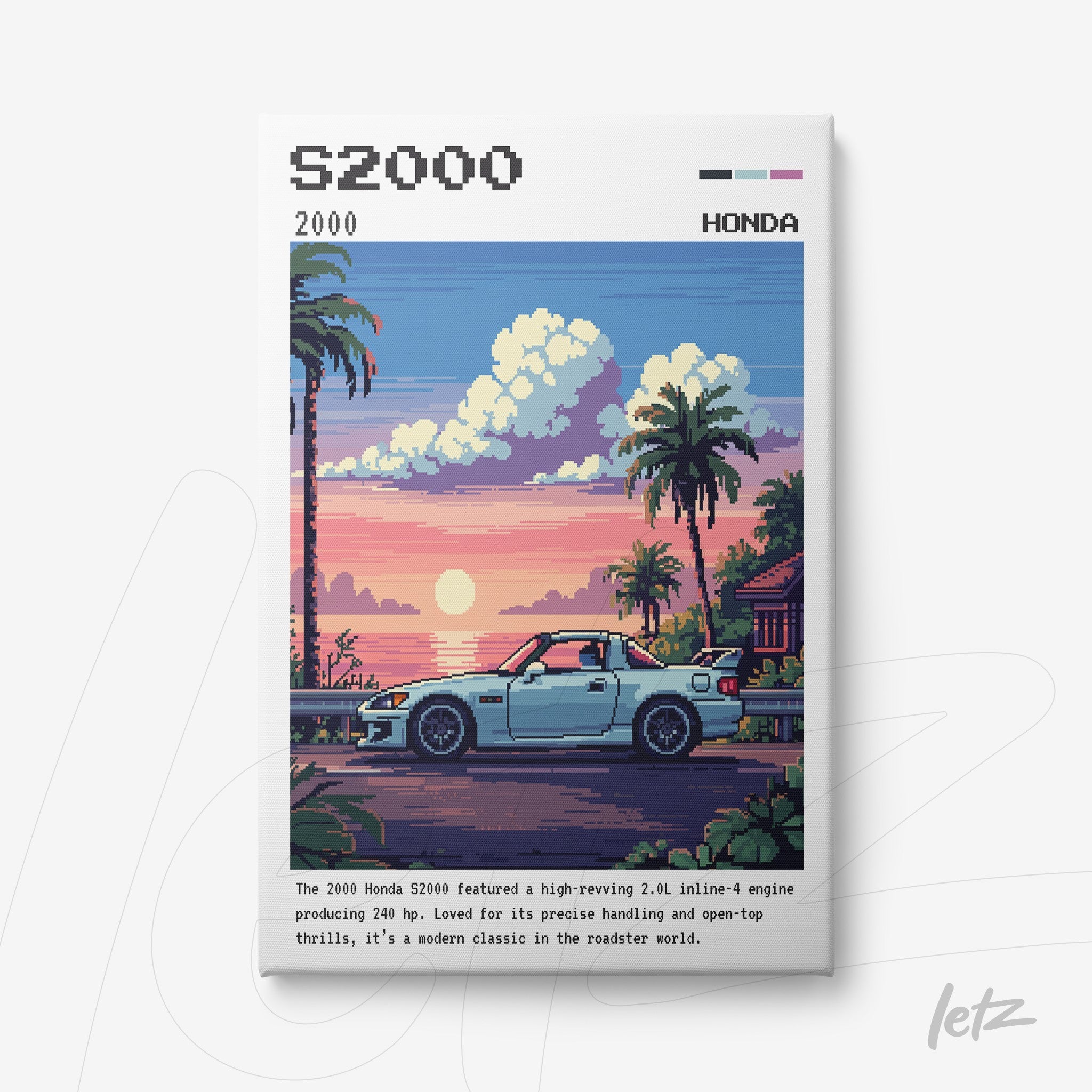 quadro em canvas com arte pixelada do carro Honda S2000 em uma estrada à beira-mar ao pôr do sol