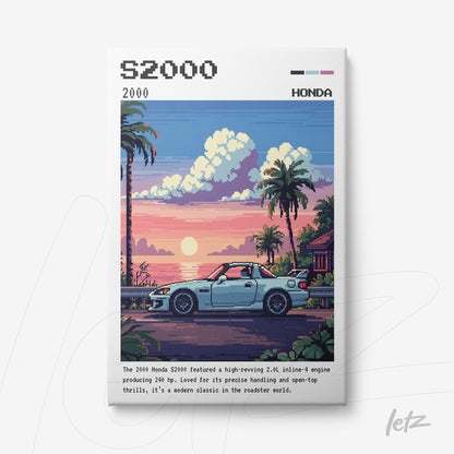 quadro em canvas com arte pixelada do carro Honda S2000 em uma estrada à beira-mar ao pôr do sol