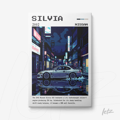 quadro em estilo pixel art de um Nissan Silvia 2002 em um cenário urbano noturno com lojas iluminadas e reflexos no asfalto