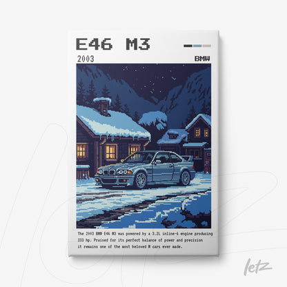 quadro com arte em pixel art do carro BMW E46 M3 em uma cena de inverno, com casa de madeira ao fundo e neve ao redor