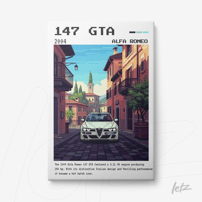 quadro com arte digital do carro 147 GTA da Alfa Romeo em estilo pixel art, exibido em uma rua italiana com edifícios coloridos ao fundo