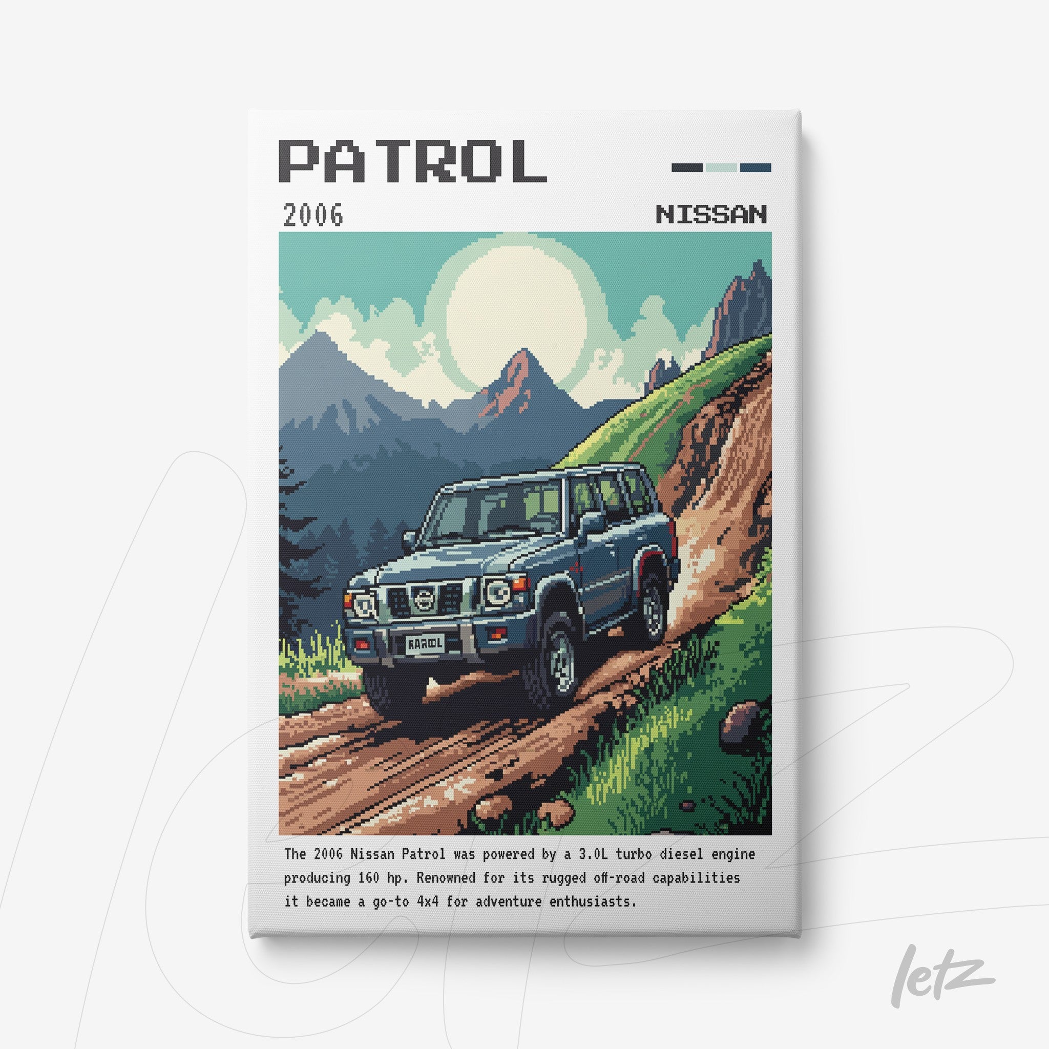 quadro com arte pixelada de um carro Nissan Patrol 2006 em uma estrada de montanha
