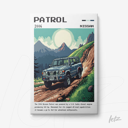 quadro com arte pixelada de um carro Nissan Patrol 2006 em uma estrada de montanha