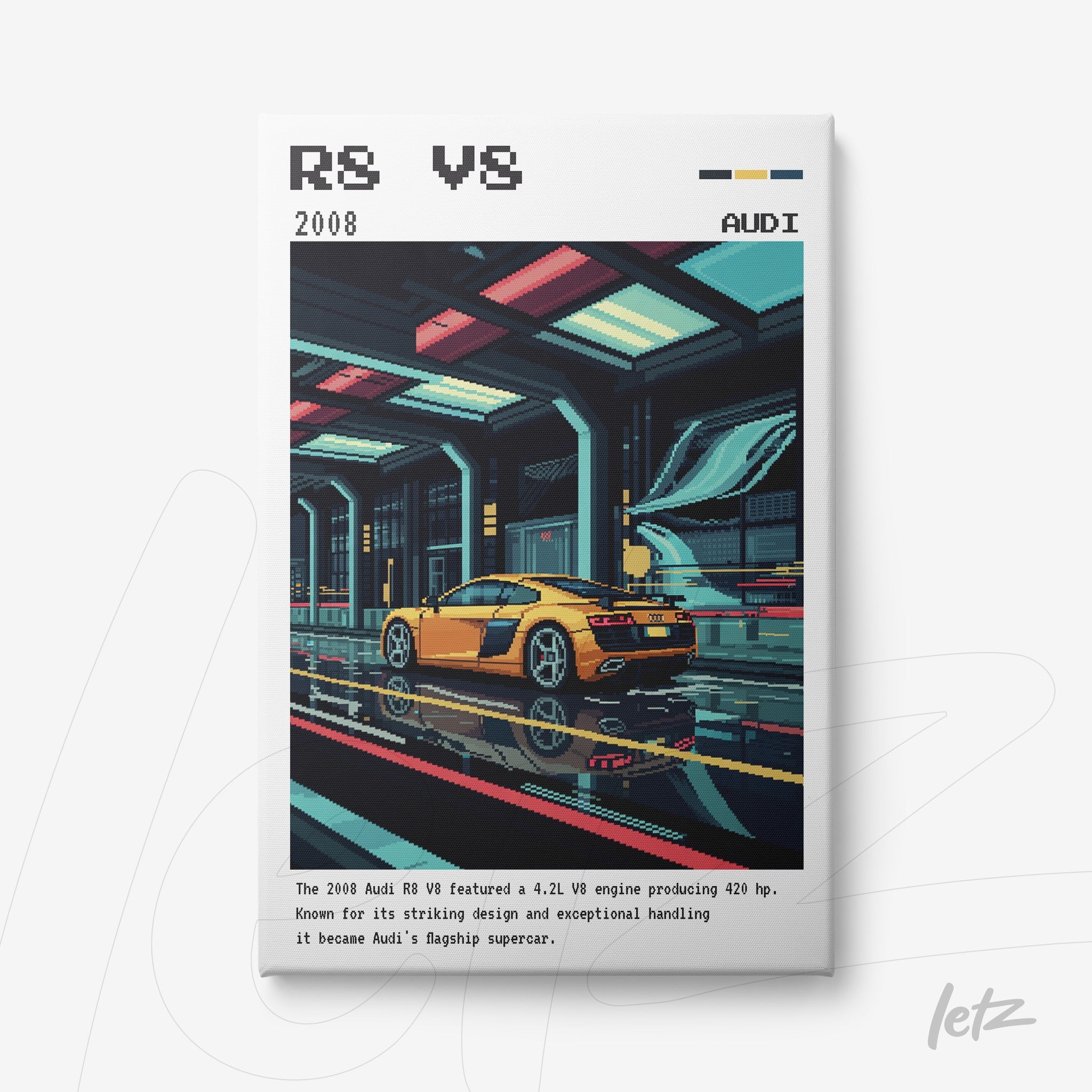 quadro em canvas com arte pixelada de um Audi R8 amarelo em um ambiente futurista
