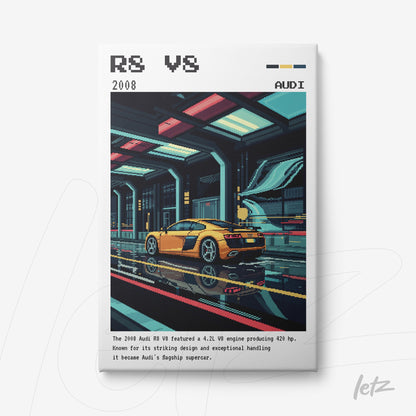 quadro em canvas com arte pixelada de um Audi R8 amarelo em um ambiente futurista