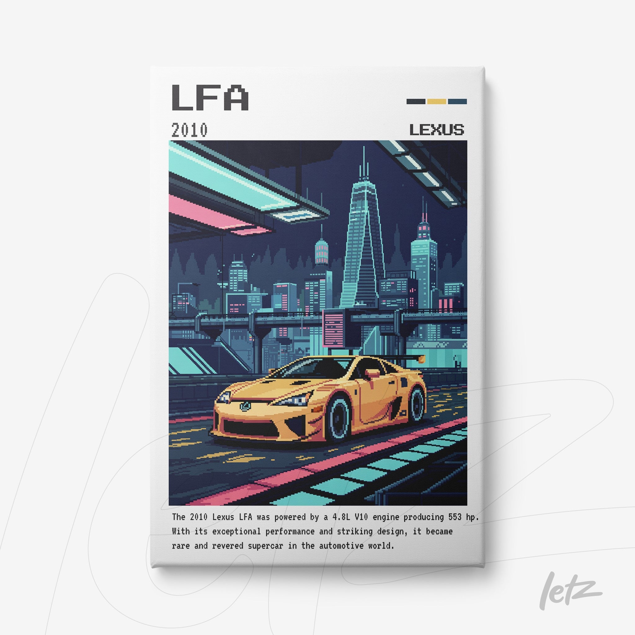 quadro com arte digital de um carro esportivo amarelo Lexus LFA em uma paisagem urbana futurista