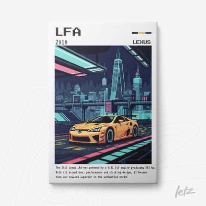 quadro com arte digital de um carro esportivo amarelo Lexus LFA em uma paisagem urbana futurista