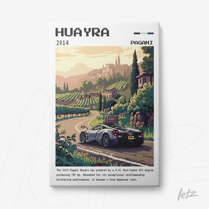 quadro com arte pixelada do carro Pagani Huayra em paisagem de vinhedos