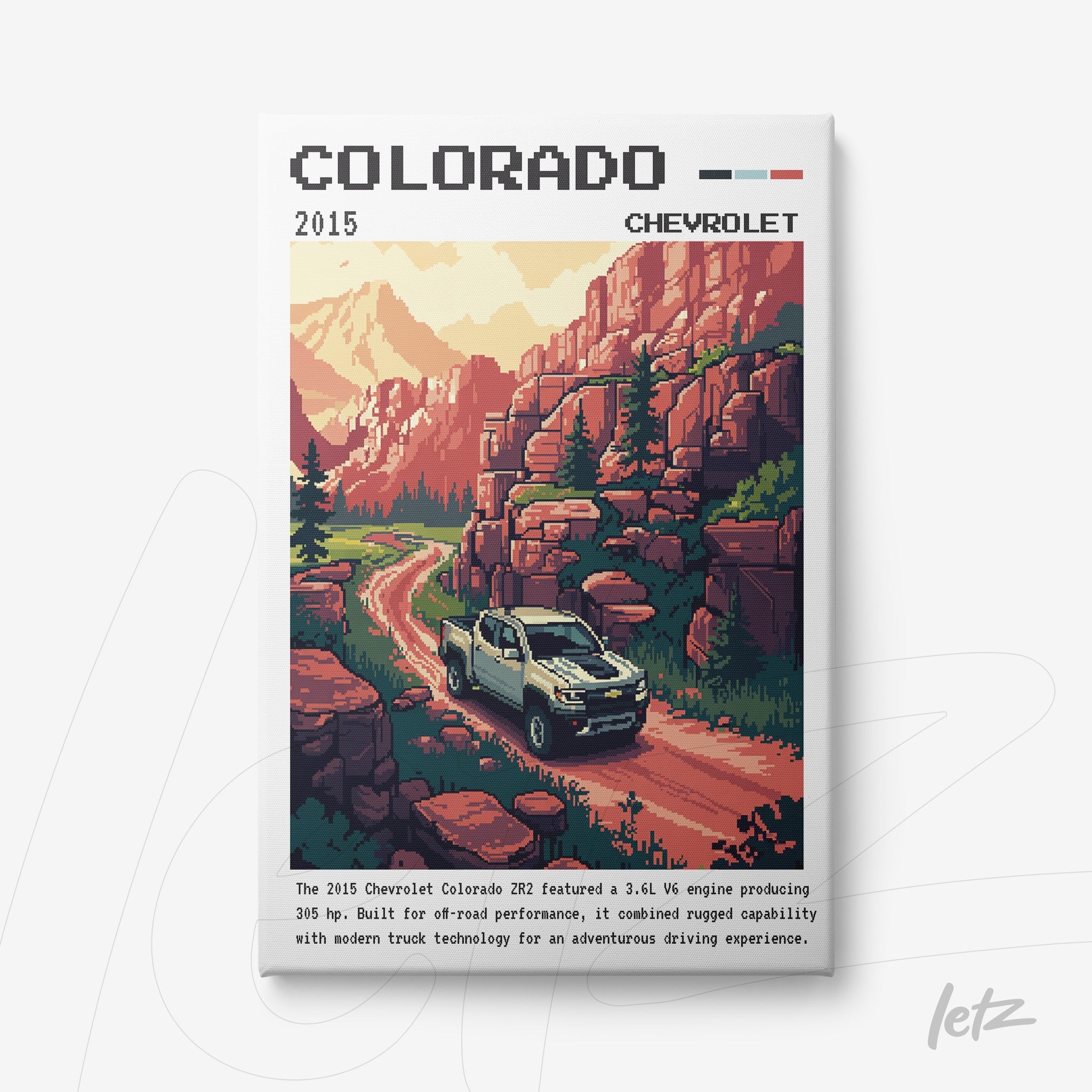 quadro com arte retrô do Chevrolet Colorado 2015 em uma estrada de montanha com fundo vermelho e rochas