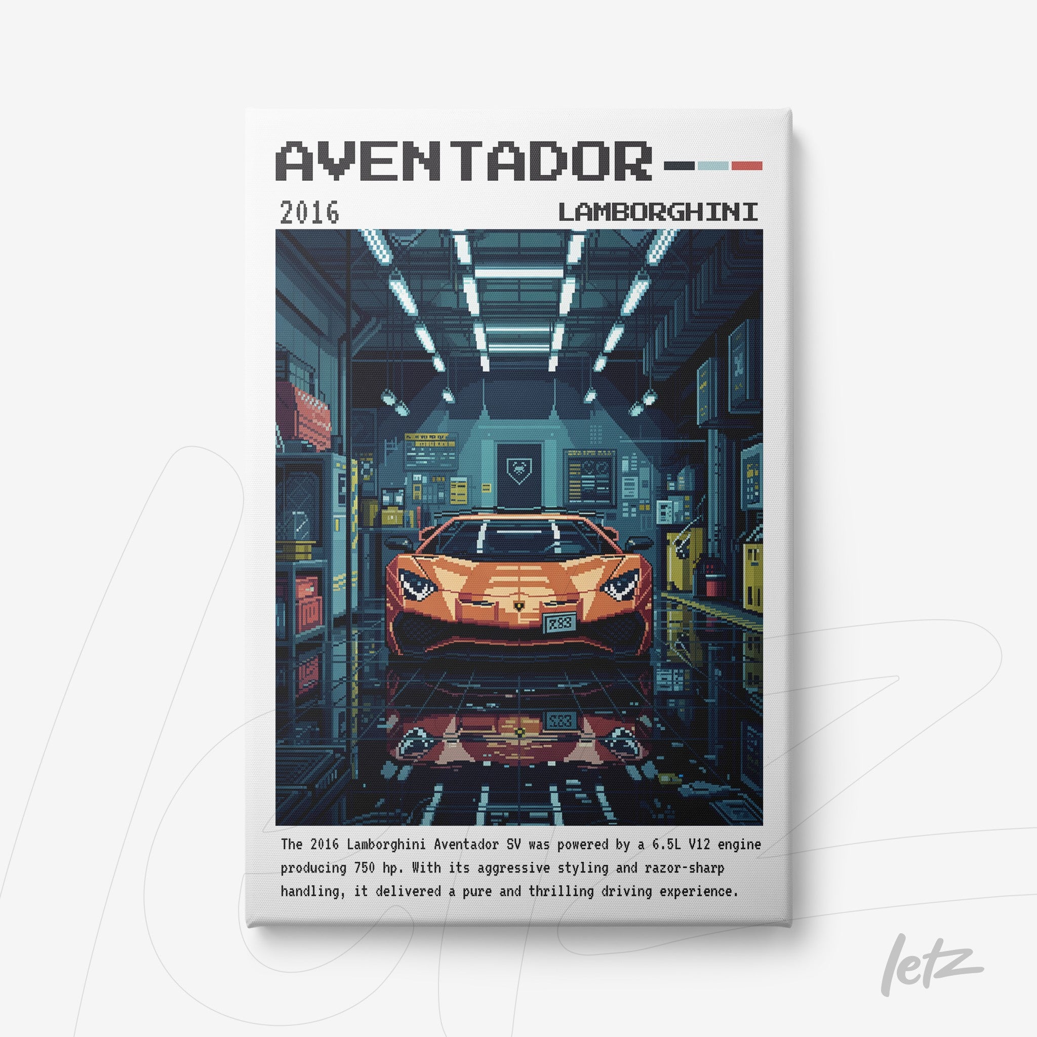 quadro com arte pixelada de um Lamborghini Aventador em garagem, com fundo escuro e detalhes técnicos destacados
