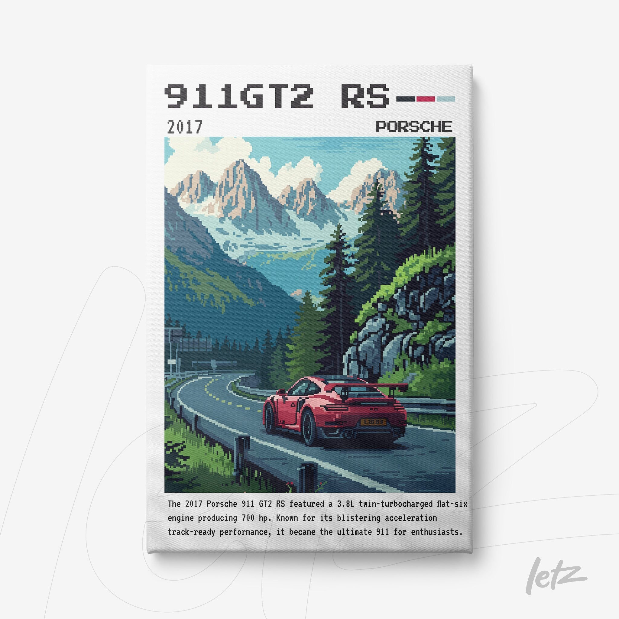 quadro com arte digital de um Porsche 911 GT2 RS em uma estrada montanhosa, com montanhas ao fundo e árvores ao lado
