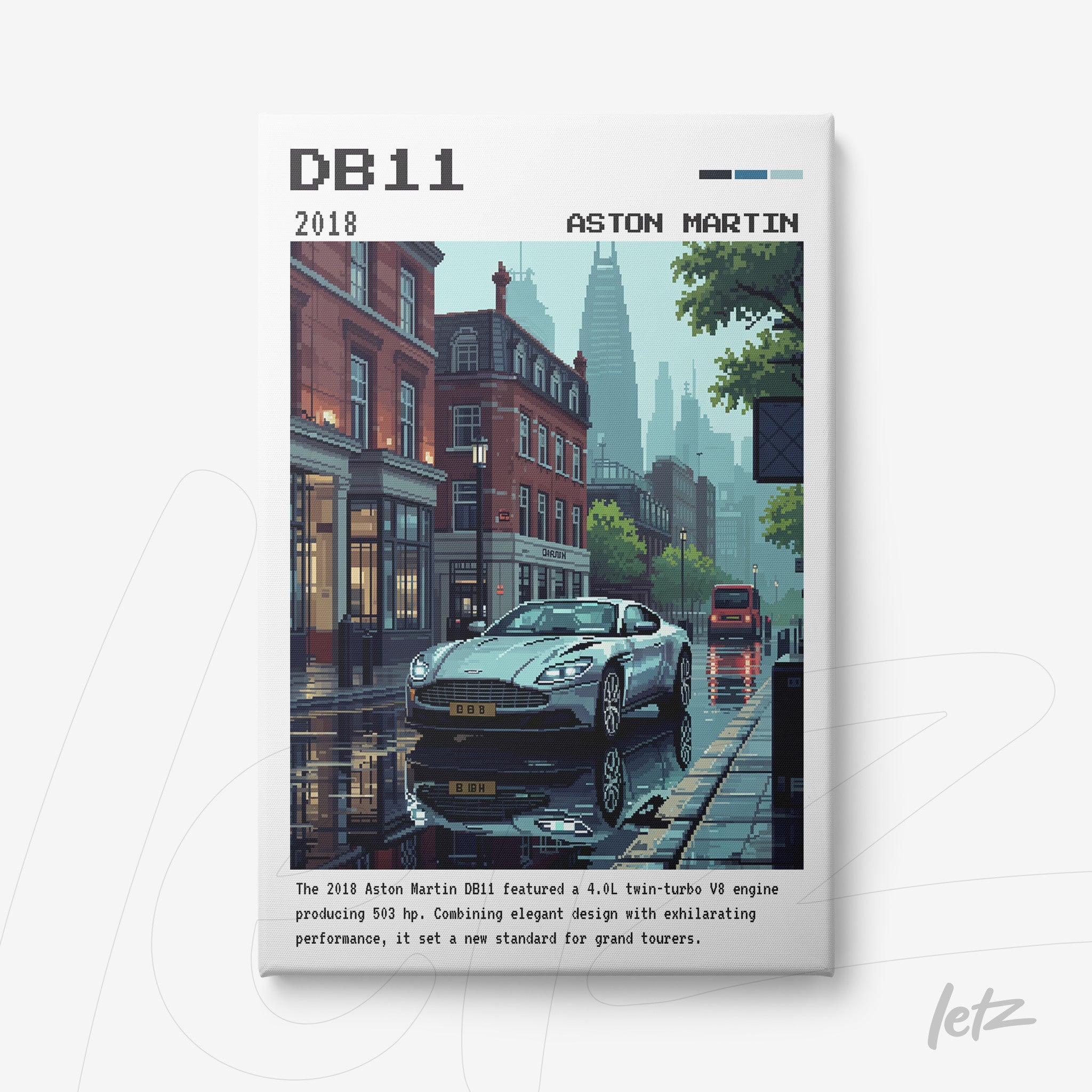 arte digital de carro esportivo Aston Martin DB11 em cena urbana chuvosa com edifícios ao fundo