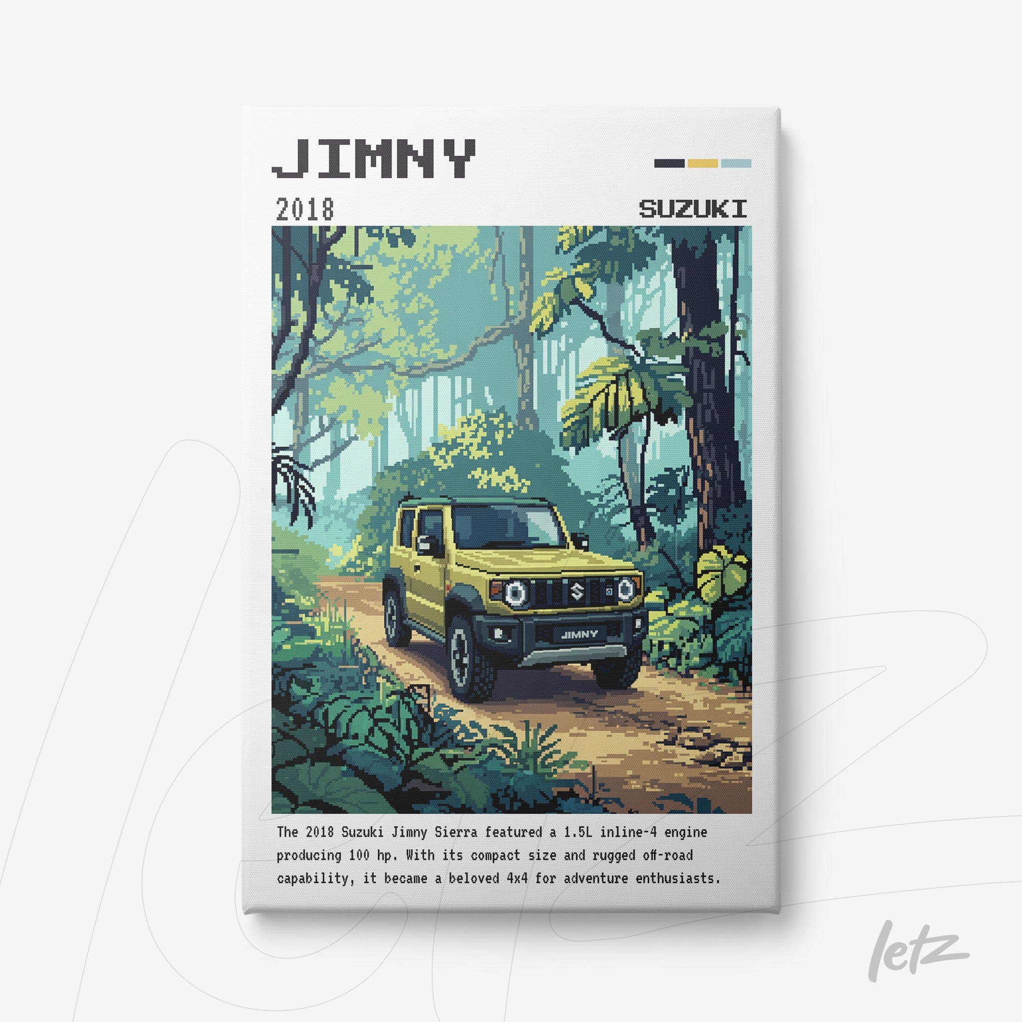 quadro com arte pixelada do carro Suzuki Jimny em meio à natureza tropical